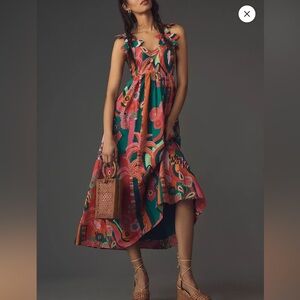 FARM Rio Green and Coral Floral Midi Dress